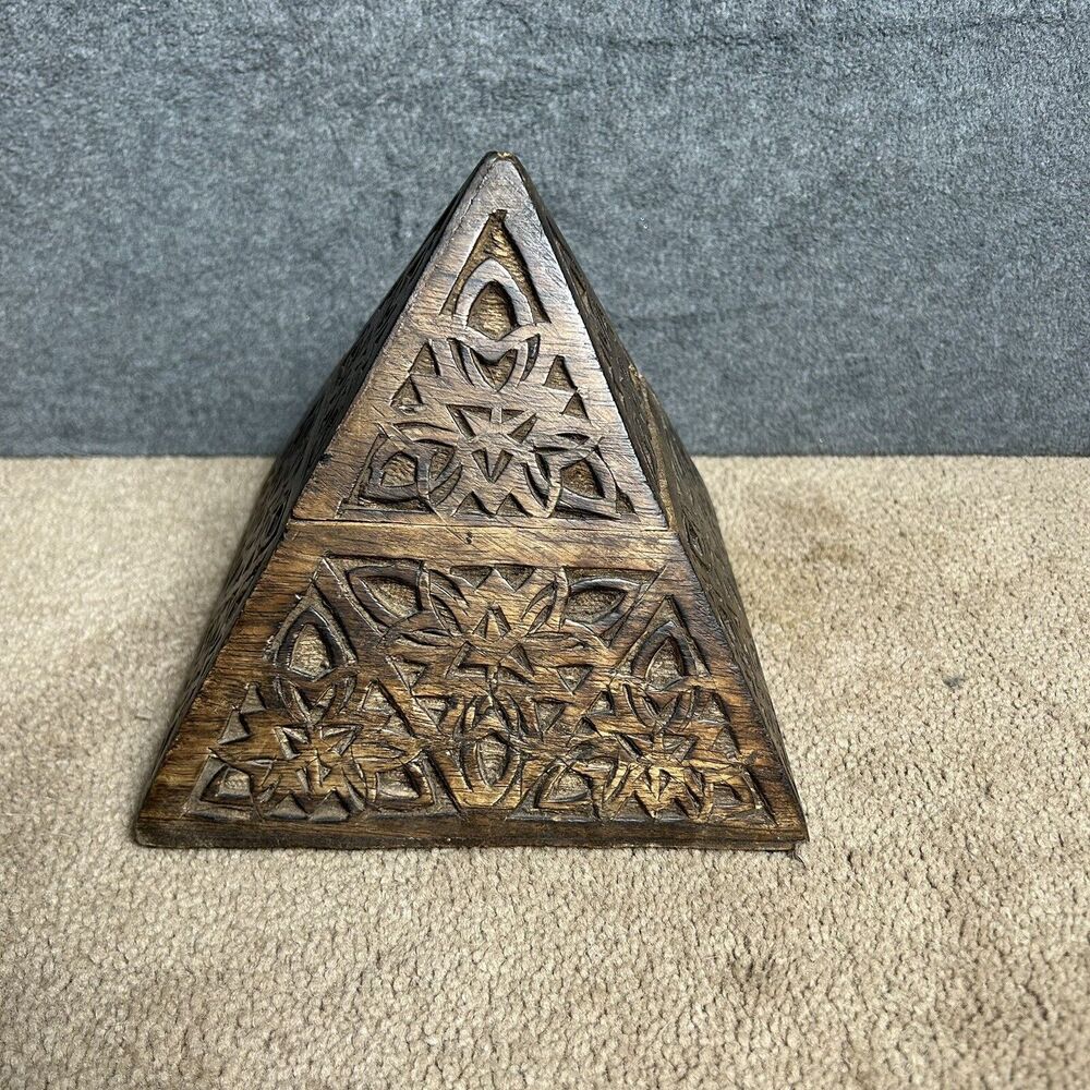 Wooden Jewelry Box Hand Made Vintage Pyramid Shaped Brown